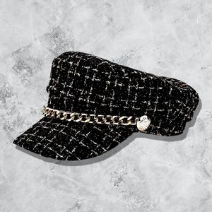 Black gold tweed metallic chain trendy hat